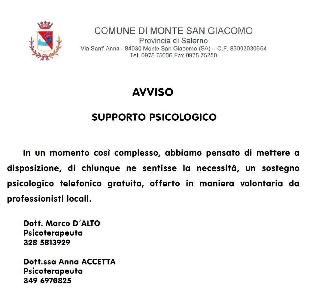 AVVISO SUPPORTO PSICOLOGICO EMERGENZA COVID-19