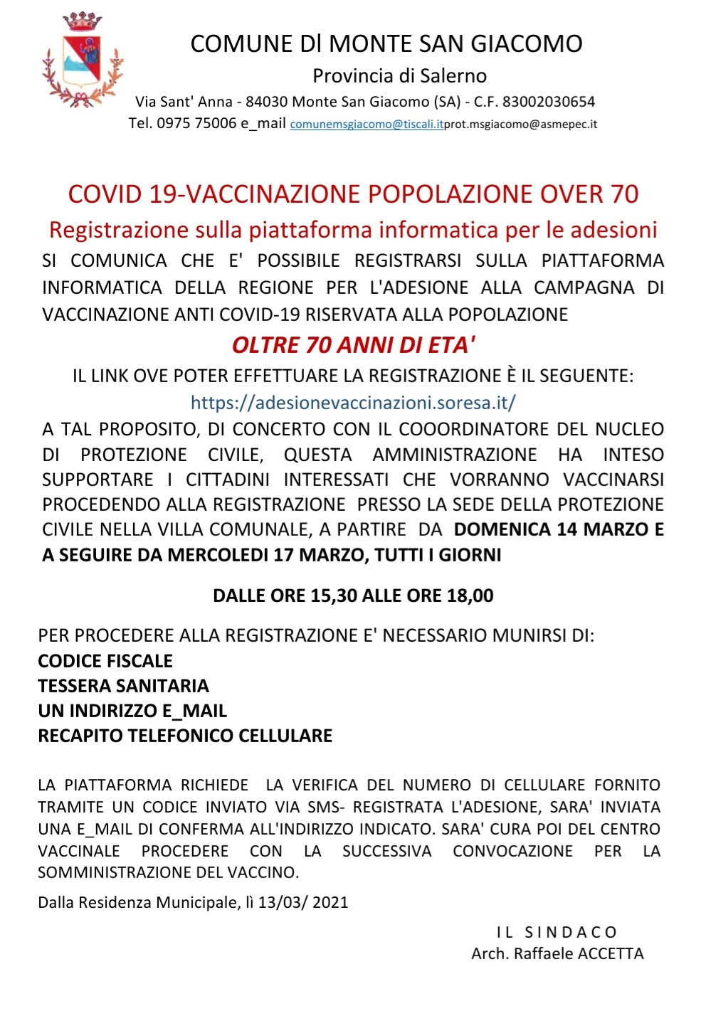 Campagna vaccinazione anticovid popolazione oltre i 70 anni