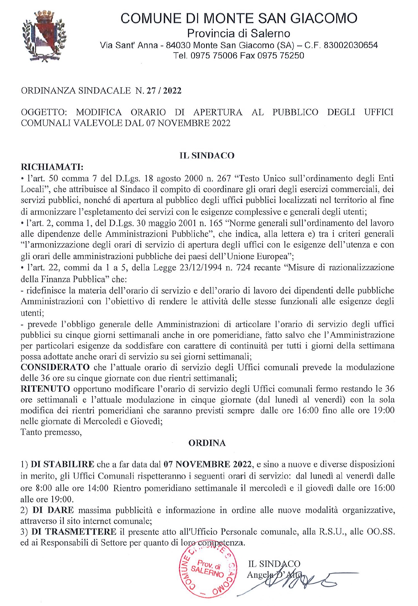 Ordinanza n. 27-2022 - Apertura Uffici Comunali.